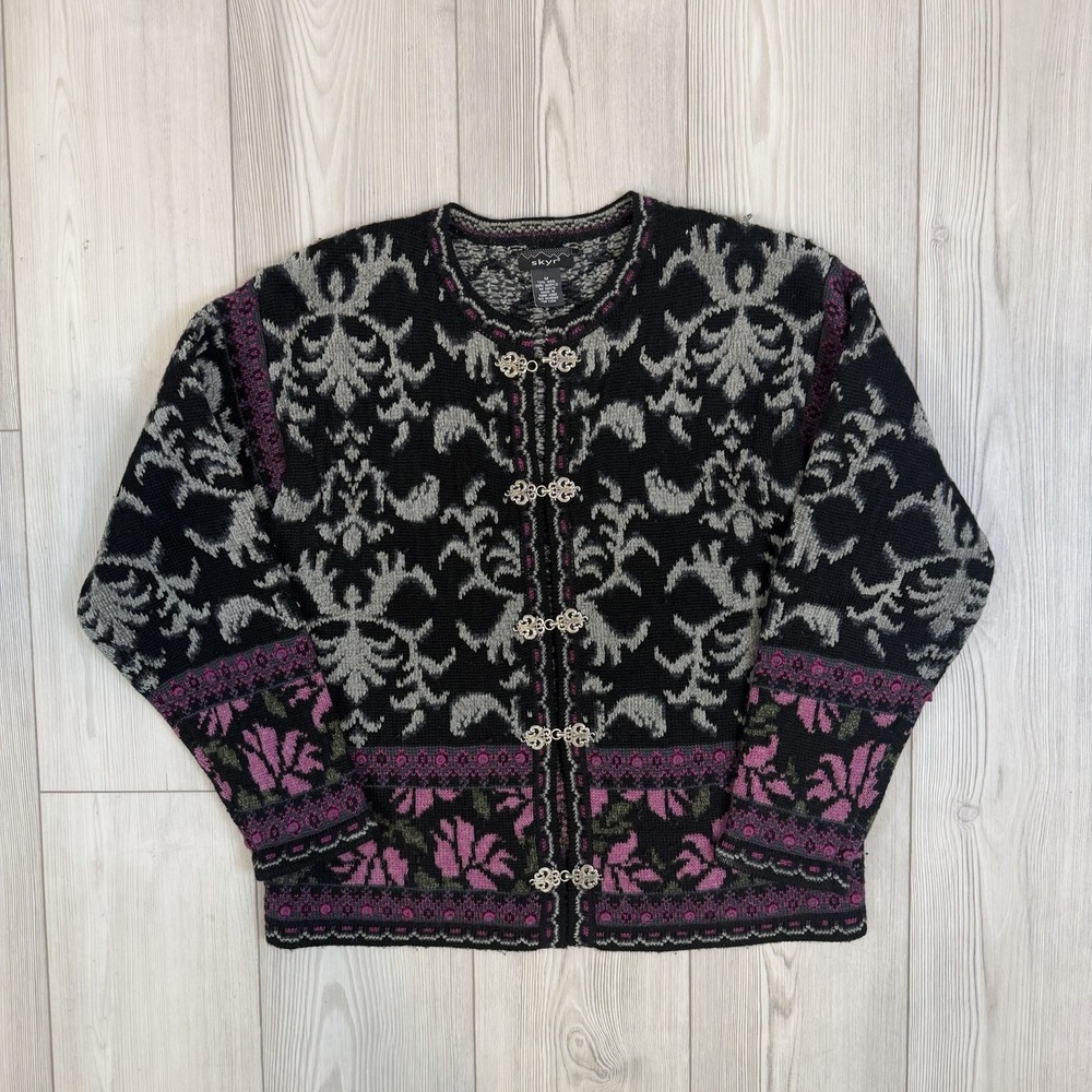 VTG Skyr Women's Wool Blend Cardigan Sweater Medium Floral Nordic Isle